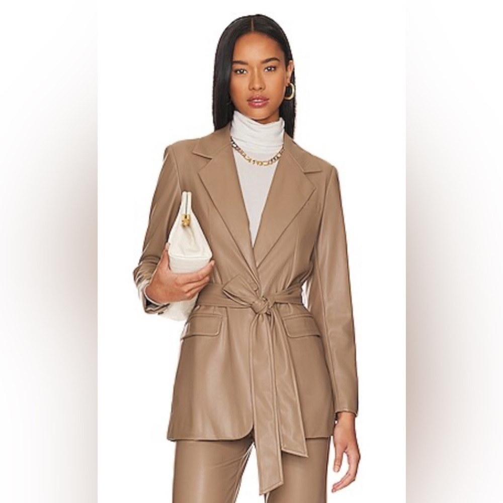 LBLC THE LABEL Bardot Faux Leather Belted Jacket in Taupe from Revolve